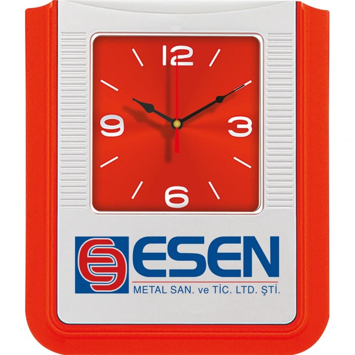 Logo Baskılı Turuncu Gövdeli Kırmızı Kadranlı 29 x 37 cm Plastik Duvar Saati
